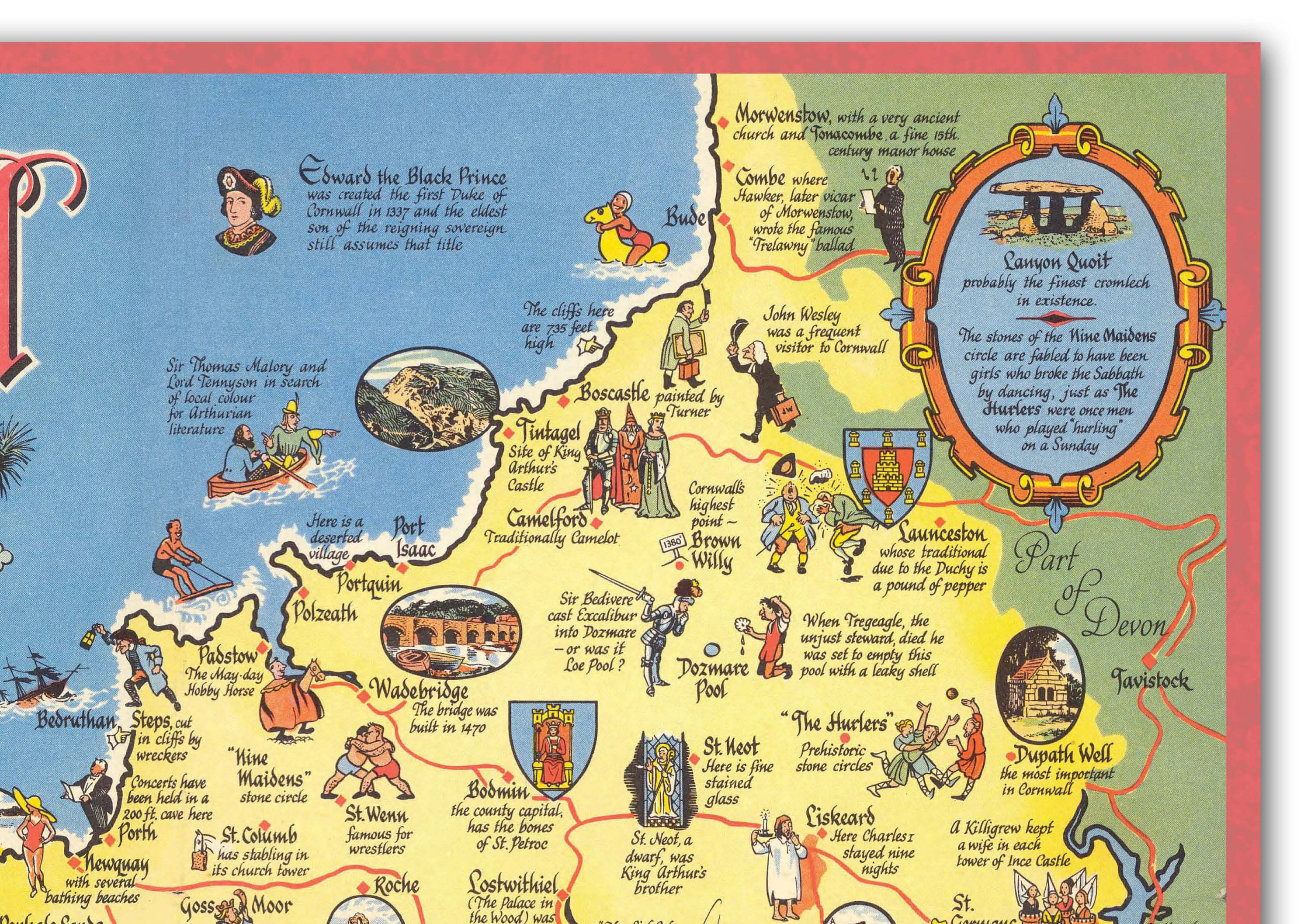 Cornovaglia Mappa Strofinaccio Cornovaglia Souvenir Regalo Scene Cotone Città Scones Fudge