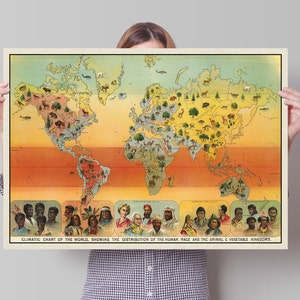 Klimatologische kaart van de wereld, met de verdeling van het menselijk ras en de dierlijke en plantaardige koninkrijken, 1893 Vintage kaart