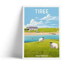 Tiree Scotland Travel Poster | Inner Hebrides Wall Art | Scottish Island Print | Coastal Sheep Illustration