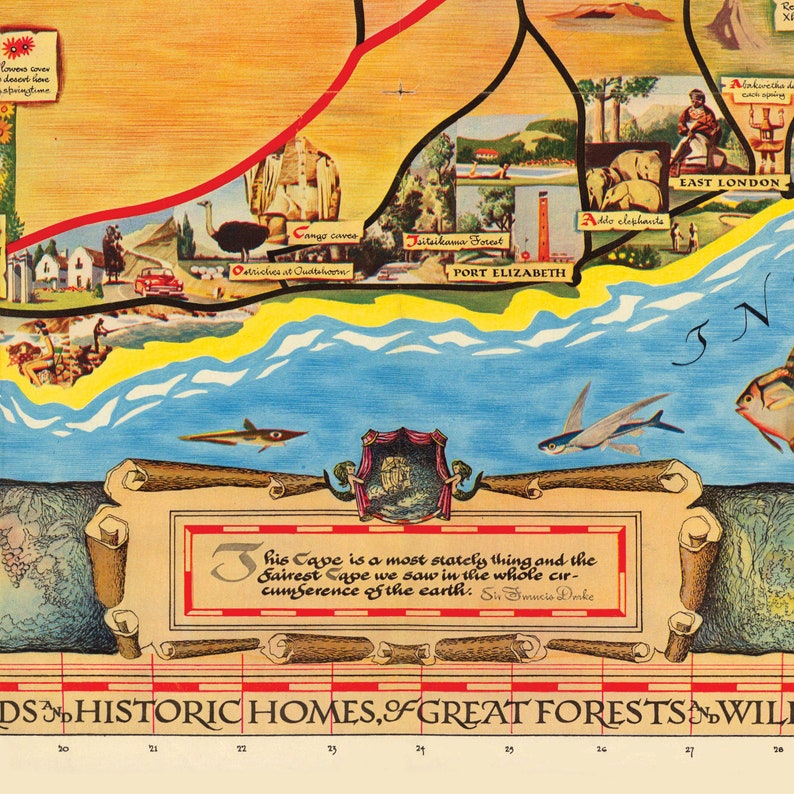 Pu&ograve; includere: Un'illustrazione vintage di una mappa con una citazione di Sir Francis Drake sul Capo di Buona Speranza. La mappa presenta vari punti di riferimento e animali, tra cui struzzi, elefanti e pesci volanti. La citazione dice: "Questo Capo &egrave; una cosa molto maestosa e il Capo pi&ugrave; bello che abbiamo visto in tutta la circonferenza della terra. Sir Francis Drake"