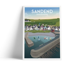 Sandend Travel Poster – Aberdeenshire Harbour Wall Art (A4–A1, Matt or Satin Finish)