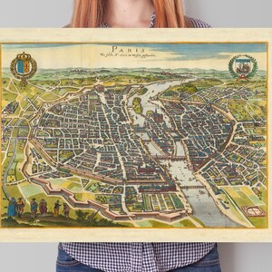 Mapa antigo de Paris, mapa de 1655 de Paris, França, de Caspar Merian, presente de inauguração de decoração de casa, mapa antigo, pôster grande