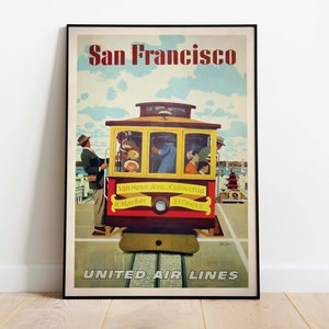 San Francisco Travel Poster, Vintage San Fran Tram Poster, United Air Lines, Golden Gate Bridge, Stan Galli Print
