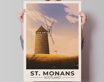 St. Monans Travel Poster - Fife Wall Art - St. Monans Windmill - East Neuk Print