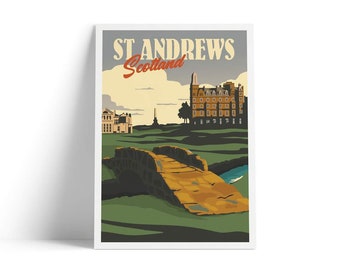 St Andrews Golf Club Poster, St Andrews - Old Course Golf Club 18th Hole, Travel Poster, Scottish Print , Golf Gift Art , Scotland