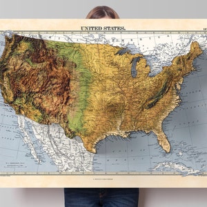 Carte en relief du terrain des États-Unis - impression giclée 2D - affiche en relief ombré effet 3D des États-Unis - - carte d'altitude de l'Amérique de Style 1871 vintage