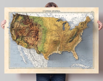 USA terrain relief map - 2D Giclée Print - 3D effect shaded relief Poster of the United States -  - Vintage Style 1871 America Elevation Map