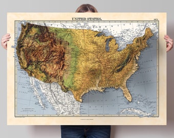 May include: A vintage map of the United States with a relief-style depiction of the terrain. The map is printed on a cream-colored paper with a light blue border. The title "UNITED STATES." and the year "1871" are printed in the top corners of the map.