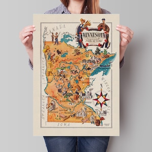Minnesota Karte - USA Whimsical Poster - United States Pictorial Art - Hibbing - Duluth - Barnum - Hinckley - Ortonville - New Ulm - Pipestone