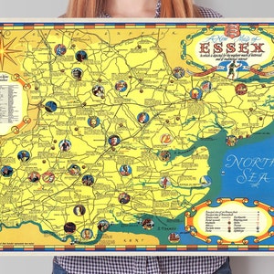 Essex Map |  Vintage Historic Pictorial Print | Old English Town Poster | Wall Decor | Housewarming Gift | 1948 | Tatum, Guy