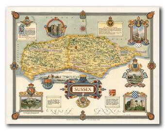 Sussex Map | Old 19th century map | United Kingdom's counties |fine reproduction | antique decor | Bodiam, Lewes, Arundel Castle