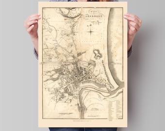 Aberdeen Map | Plan of the Cities of Aberdeen | John Wood | Old Map of Aberdeen | Wall Art Print | Antique maps | Ancient Scotland