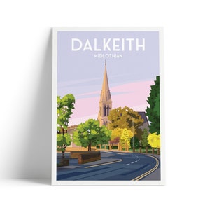 May include: A postcard illustration of a church with a tall steeple in Dalkeith, Midlothian, Scotland. The church is surrounded by trees and a road with a slight curve.