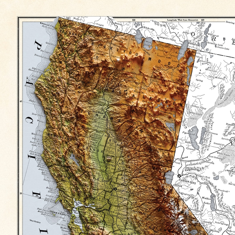 California Map - 1883 Vintage California Shaded Relief Map - 3D ...