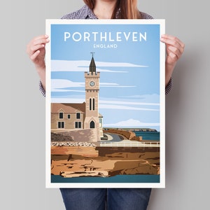 Porthleven-afdruk - Reisposter - Cornwall - Engeland - Clock Tower - Porthleven Harbor