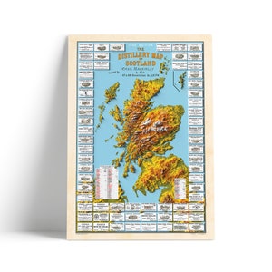 Destillerie Karte von Schottland - Scotch Whisky Karte - The Scottish Malts - 3D Relief Effekt Print, Destillerien Poster, Schottland Kunst, Whisky