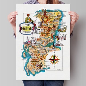 Carte illustrée des basses terres d'Écosse - Édimbourg - Lanark - Ayr - Banff - Nairn - Elgin - Aberdeen - Forfar - Stonehaven - Perth - Royaume-Uni