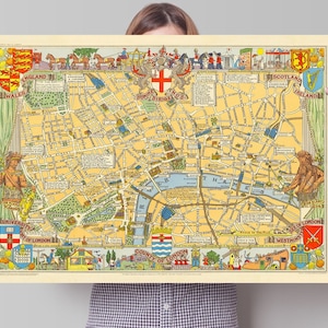 Mapa infantil de Londres - Reprodução de pôster de arte de parede vintage de 1938 - L.G Bullock - Decoração de parede infantil