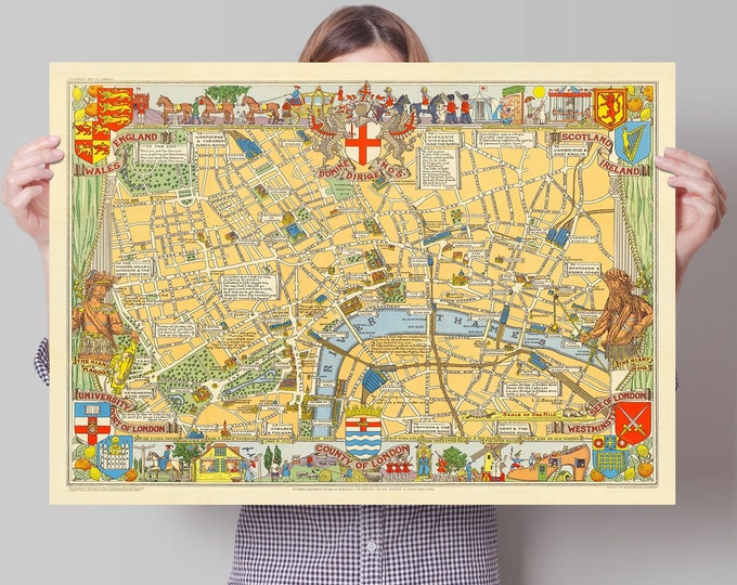 Children's Map of London - Reproduction of 1938 Vintage Wall Art Poster - L.G Bullock - Kids Wall Decor