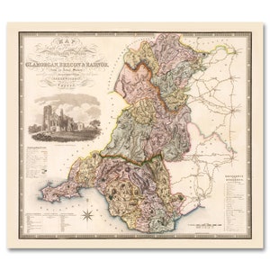 Karte des Südostkreises des Prinzips von Wales | 1831 | Wales Poster | Walisische Karte | John Greenwood | Glamorgan | Brecon | Radnor