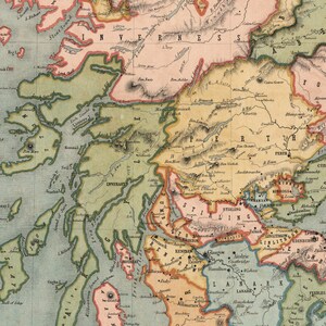 May include: A detailed, antique map of Scotland, featuring hand-drawn illustrations and text. The map uses a variety of colors to differentiate regions, with labels for cities, bodies of water, and geographical features. The map is a historical representation of the Scottish landscape.
