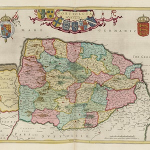 Nord Norfolk Karte | Norfolcia Norfolke | Alte Antike Landkarte | 1665 | Karte Blaueu |  Poster Wand Kunst | Norfolk Druck