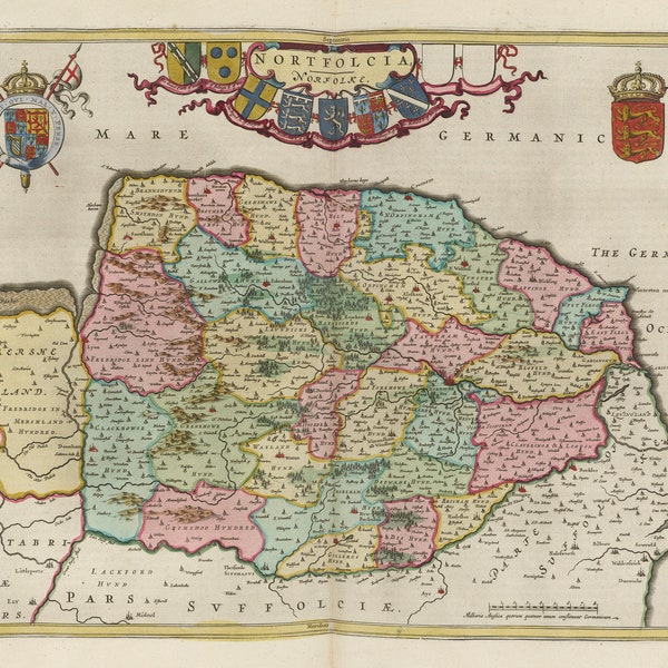 North Norfolk Map | Nortfolcia Norfolke  | Old Antique Map | 1665 | Blaeu Map |  Poster Wall Art | Norfolk Print