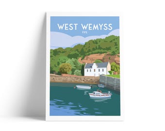 West Wemyss Fife Travel Poster | Scottish Coastal Village Wall Art | Harbour Illustration Print