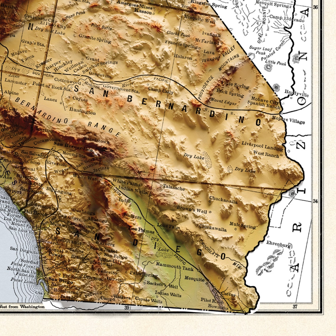 California Map - 1883 Vintage California Shaded Relief Map - 3D ...