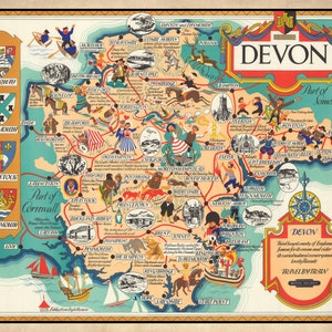 Carte illustrée du Devon | vintage Antique | 1950 | Ancienne impression murale de la carte| Affiche Wall Art| Torquay | Plymouth | Tiverton | | d’Exmouth Newton Abbé