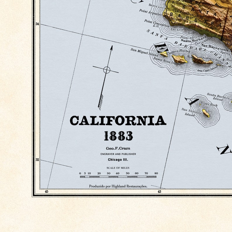 California Map - 1883 Vintage California Shaded Relief Map - 3D ...