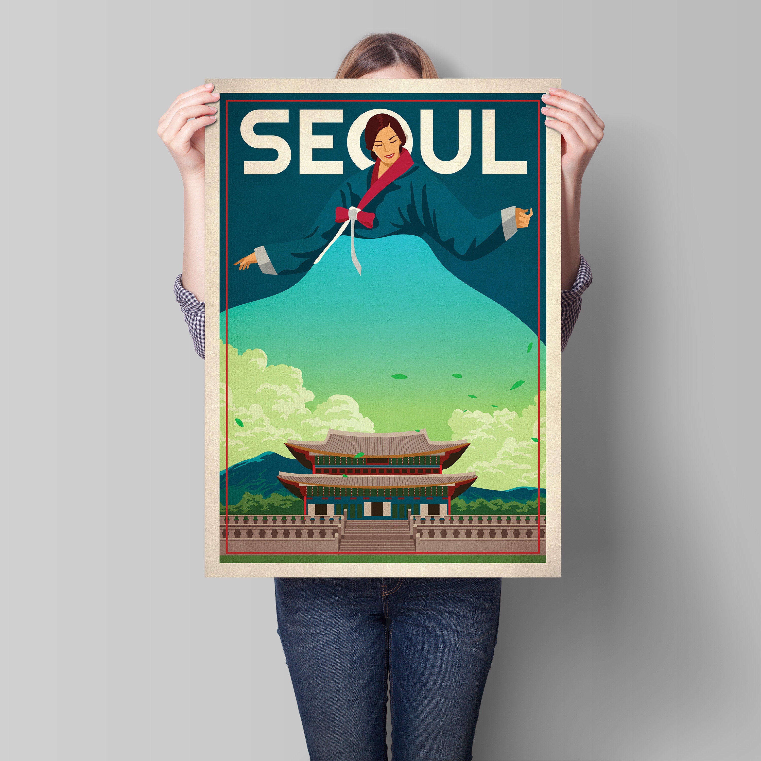 Seoul Travel Poster Vintage Looking South Korea Illustration Etsy