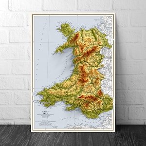 Carte du Pays de Galles - Carte d'altitude de Cymru - 1872 - Poster vintage 2D gallois - Impression en relief ombré effet 3D