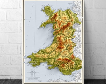 Kaart van Wales - Cymru Elevation Map - 1872 - 2D Welsh Vintage Poster - 3D-effect gearceerde reliëfprint