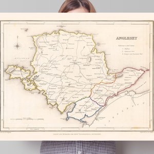 Alte Karte von Anglesey | 1854 | Poster Wales | Karte von Walisisch | Geschenk | Carnarvon | Bangor |  Bettel | Holyhead Island | New Borough | Amlwch