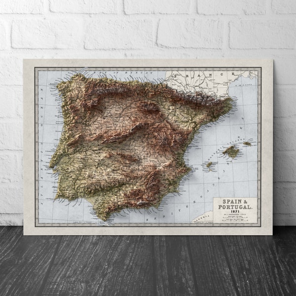 Carte de l'Espagne et du Portugal - Carte d'élévation géologique - Affiche vintage Giclée 2D - Impression relief ombré effet 3D - Îles Baléares - Ibiza