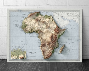 Africa Map - 2D Giclée Vintage African 3D effect shaded relief Print - Elevation Poster - Map Art - Vintage Style