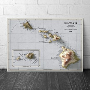 Hawaii Map - USA - 1901 retro print - 2d schattierte Landkarte - Kauai – Maui – Molokai – Oahu – Kahoolawe – Lanai – Honolulu – Nihau – Kona – Kau