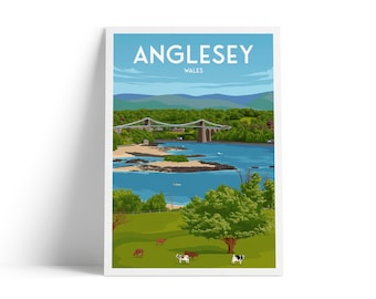 Anglesey Travel Poster – Menai Suspension Bridge, Wales Wall Art Print