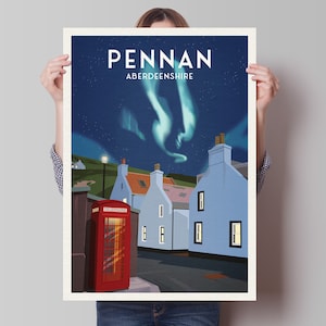 Pennan Travel Poster - Aberdeenshire - Scotland - Local Hero - Red Telephone Box - Northern Lights - Aurora Borealis  - Scottish Landscape
