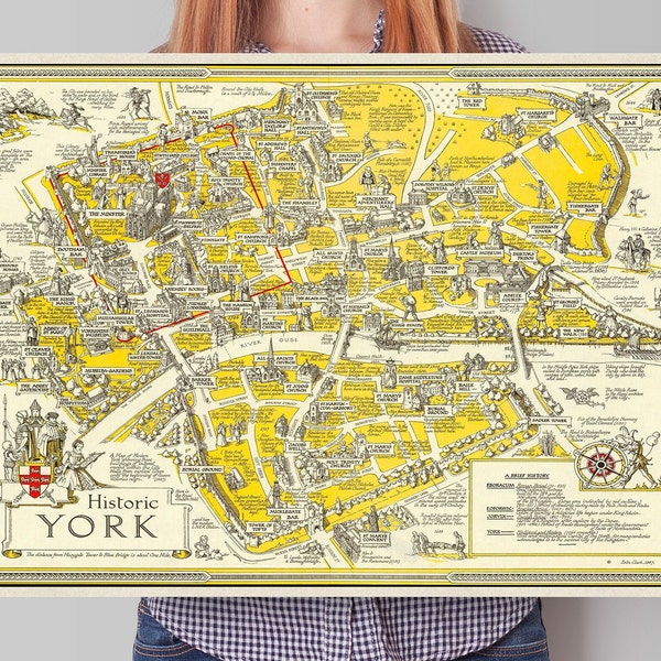 Historic York | Old Vintage England | British Pictorial Map | Jorvik | River Ouse | Bootham Bar | Marygate Tower | Blue Bridge | Monk Bar