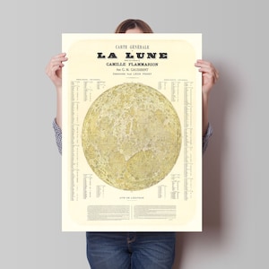 Plakat z mapą Księżyca-ilustrowany nadruk przedstawiający kratery-mapa Księżyca-Carte Général de la Lune Dressé sous la Direction de Camille Flammarion