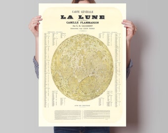 Moon Map Poster- Illustrated Print showing Craters  - Lunar Map - Carte Général de la Lune Dressé sous la Direction de Camille Flammarion