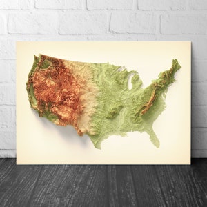Carte en relief artistique des États-Unis - Impression 2D - Géologie des États-Unis - Carte en relief ombré 2D - États-Unis d'Amérique