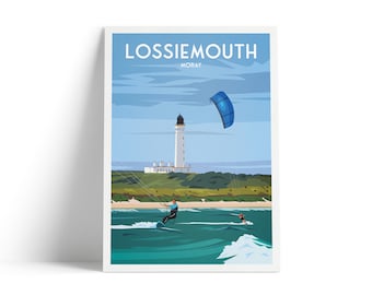 Lossiemouth Print - Moray Firth  - Kite Surfing - Scotland - Travel Poster - #Covesea Lighthouse