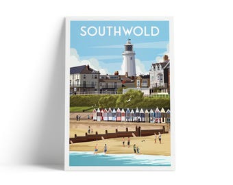 May include: A travel poster featuring the word SOUTHWOLD in white text at the top. The illustration depicts a white lighthouse, coastal buildings, a row of colorful beach huts, a sandy beach with people, and blue ocean water.
