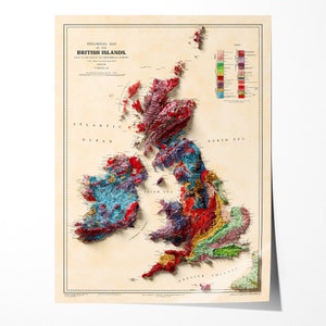 Geologie hoogtekaart Britse eilanden - 2D Giclée Vintage poster Verenigd Koninkrijk en Ierland - Geological Survey 3D-effect schaduwreliëf afdrukken