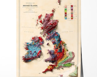 British Islands Geology Elevation Map - 2D Giclée Vintage United Kingdom & Ireland Poster - Geological Survey 3D effect shaded relief Print