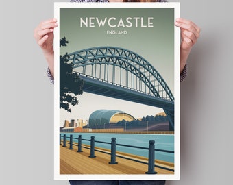 May include: A vintage travel poster featuring a view of the Tyne Bridge in Newcastle, England. The poster has a green, blue, and brown color scheme and features the text "NEWCASTLE ENGLAND".