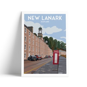 New Lanark Travel Poster - Iconic British Red Telephone Box